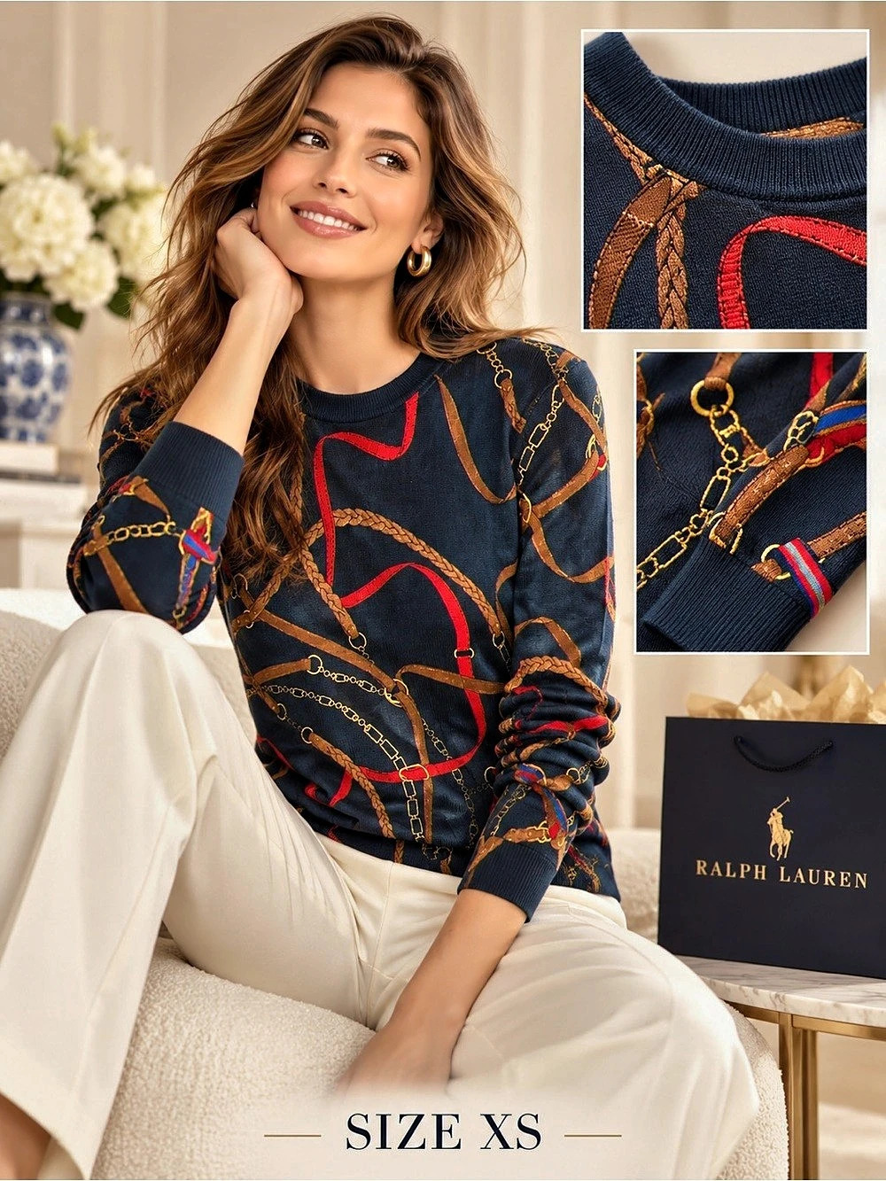 Ralph Lauren Equestrian-Print Cotton-Blend Sweater Blue & Red XS